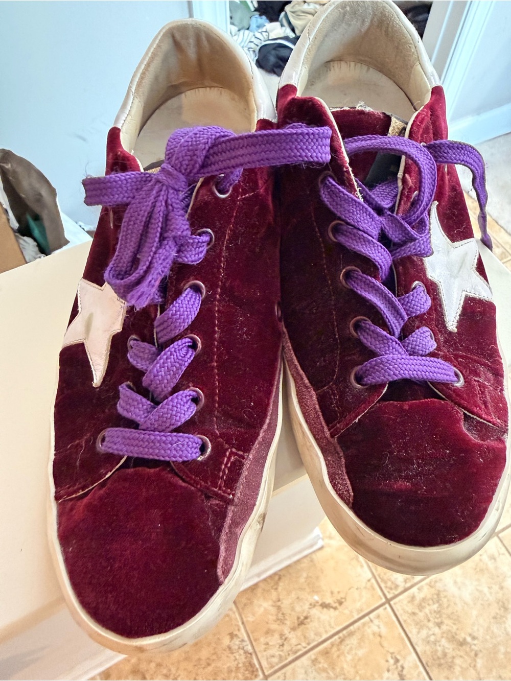 Golden Goose Burgundy Velvet Sneakers with Purple Laces - Picture 2 of 5